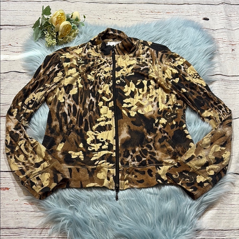 Joseph Ribkoff Leopard Animal Print Metallic Zip Up Jacket sz 12